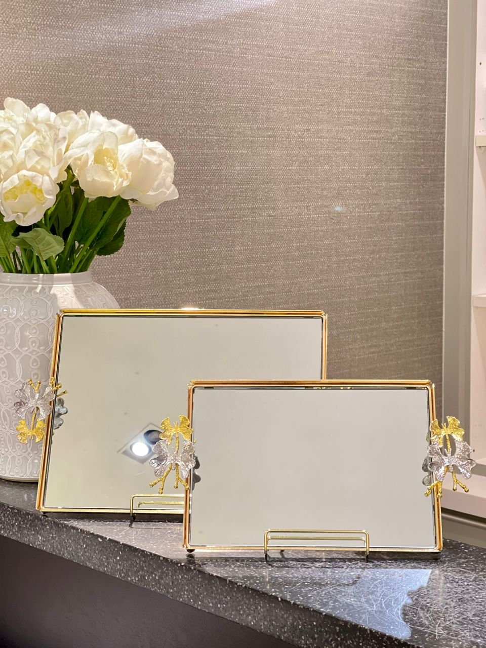 Rectangular Gold Mirror Tray With Butterfly
